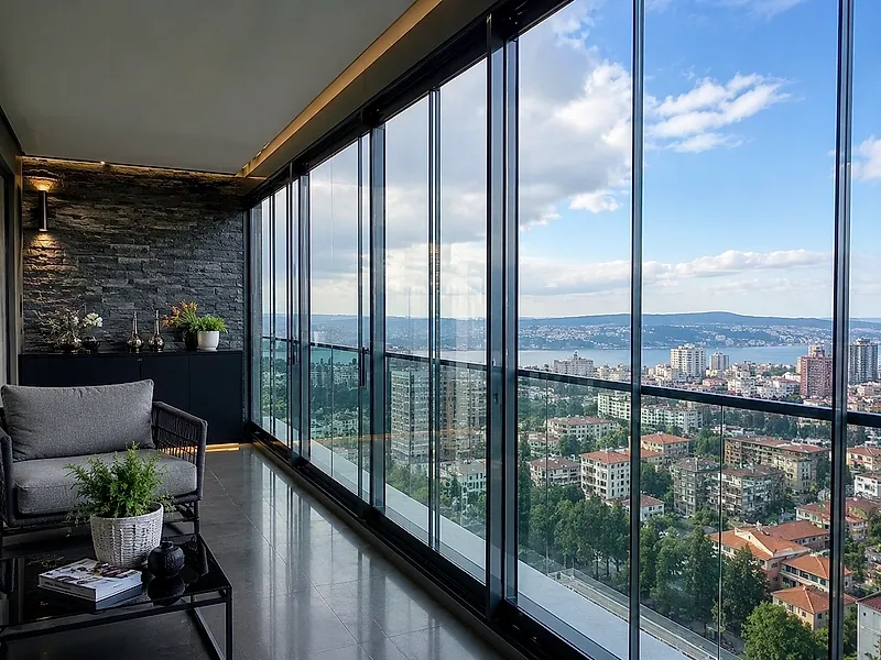 Şehir manzaralı balkonda ısıcamlı cam balkon uygulaması, iç mekândan panoramik görünüm