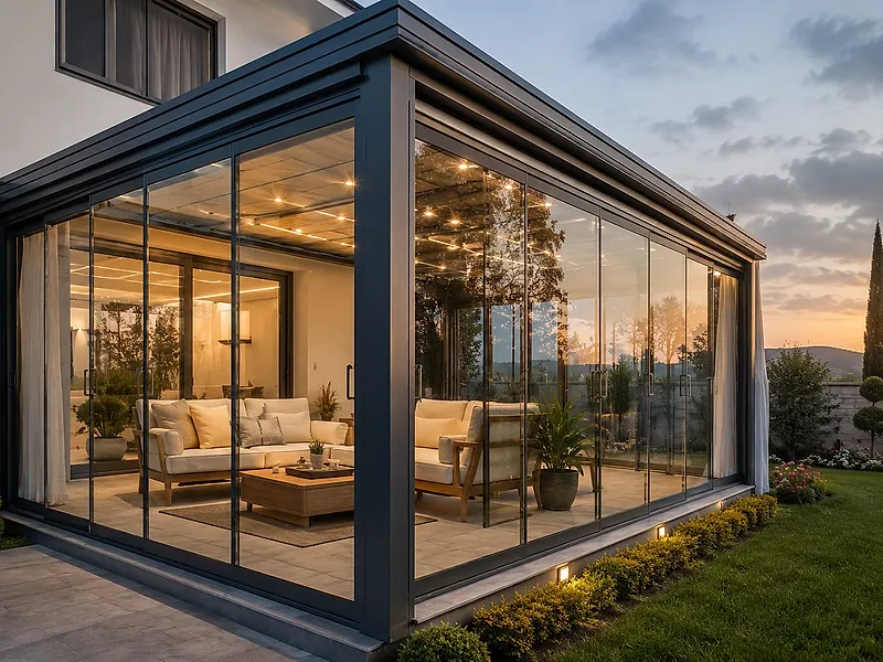 Oturma grubu kurulmuş cam köşe kış bahçesi, akşam saatinde
